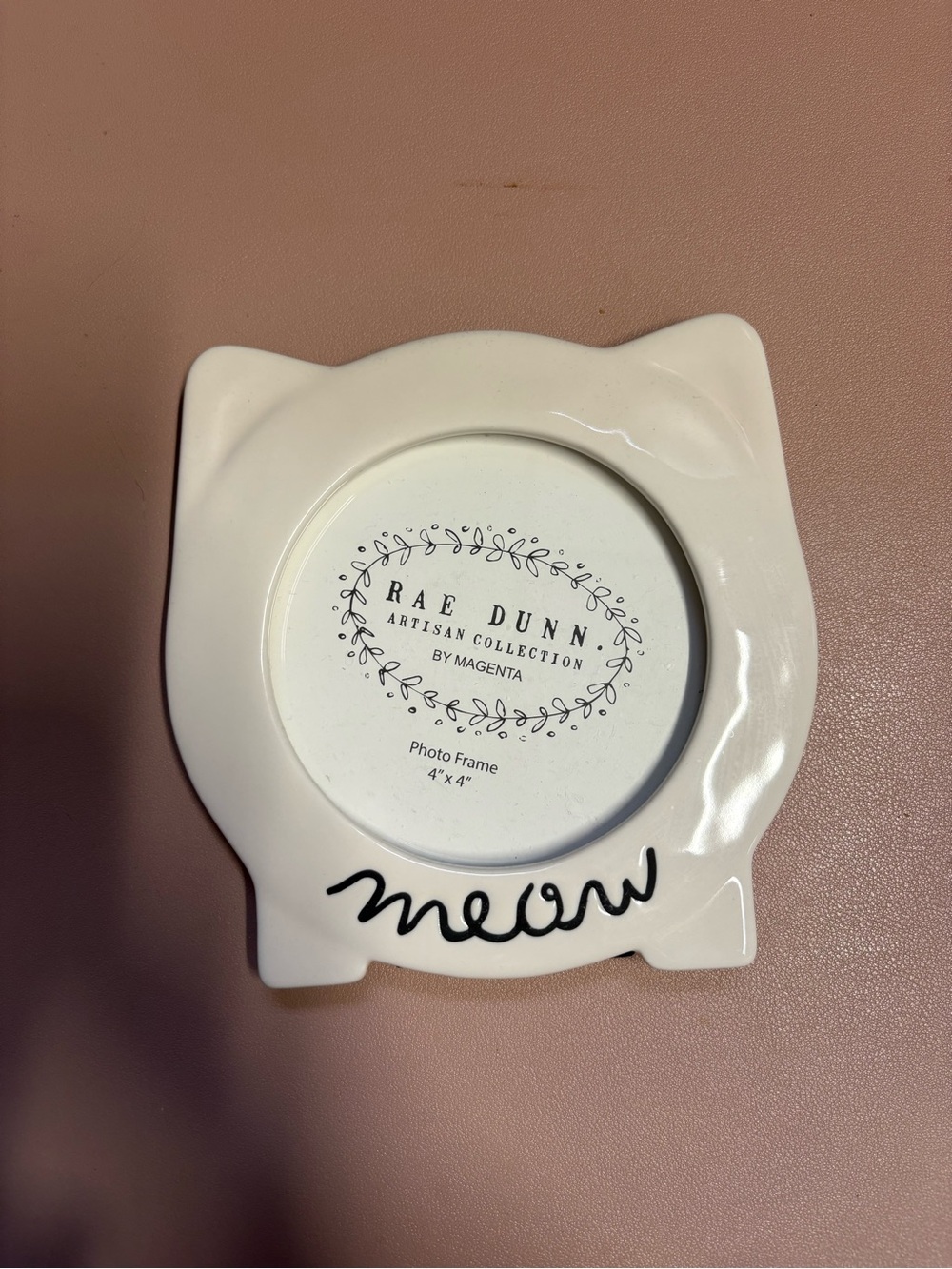 Rae Dunn White Cat-Shaped Ceramic Photo Frame with Black 'meow' Script